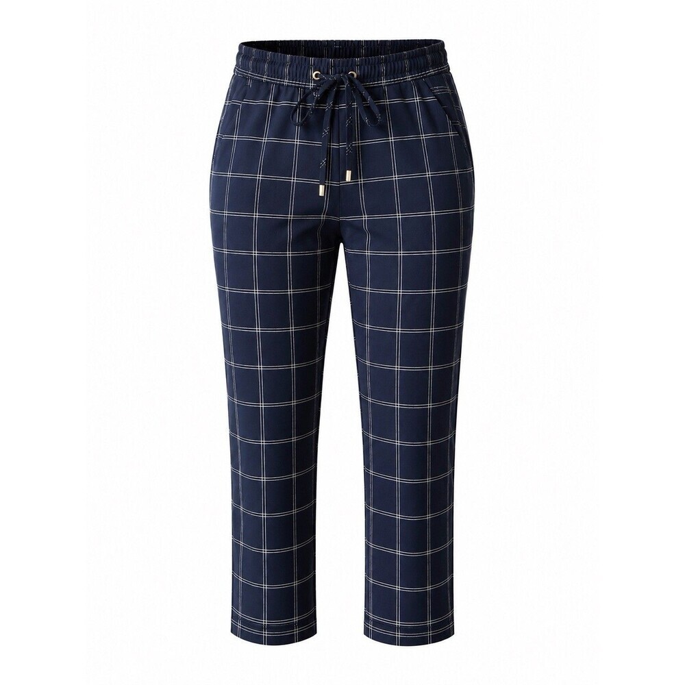 DeFacto Women’s Plaid Pull On Pants Size 38 Navy Windowpane Relaxed Tapered Leg